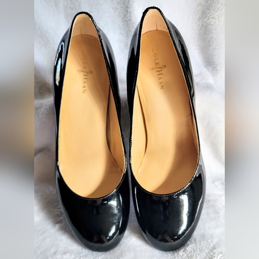 7 Vtg Cole Haan Derby Round Toe Patent Leather Lainey Pumps With Nike Air Soles - Picture 3 of 8